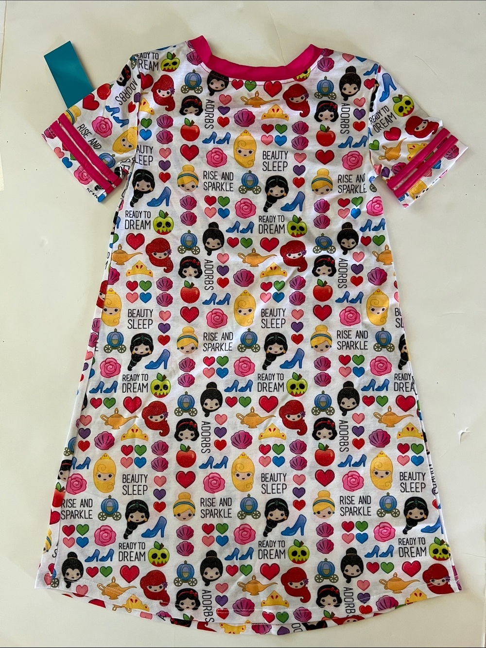 Disney Girls' White Nightgown with Multicolor Princess Emoji Print and Pink Trim - Picture 5 of 6